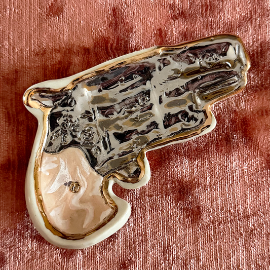 Chrome/Gold Lustre Pearl Handled Pistol Trinket Tray